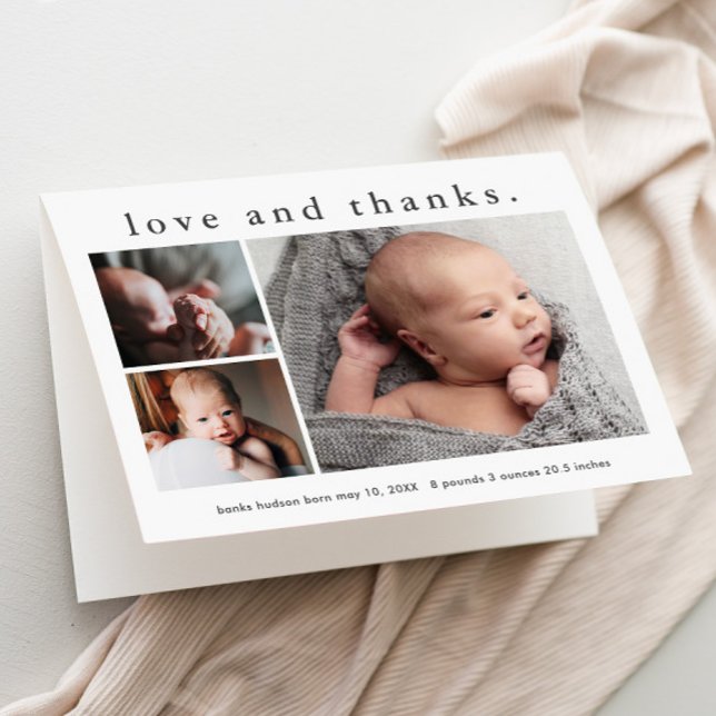 Anúncio de Nascimento de Foto de Amor e Obrigados (3 Photo Collage Folded Baby Thank You Card and Birth Announcement.)