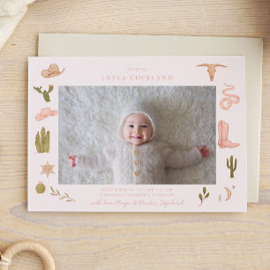 Anúncio de Nascimento de Foto de Bebê Cowgirl Rosa