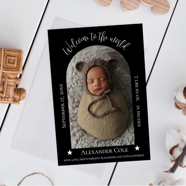 Anúncio de nascimento de Foto de Quadro Simples Pr (Black Simple Arch Frame Photo Birth Announcement)