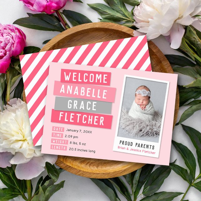 Anúncio de Nascimento de Foto de Snapshot Rosa e C (Criador carregado)