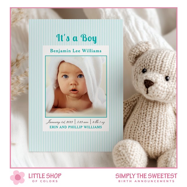 Anúncio de Nascimento de Foto do Bebê Stripes Azul (Criador carregado)