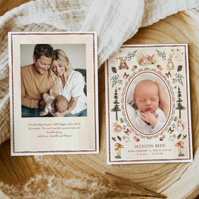 Anúncio de Nascimento de Foto do Woodland Baby (Forest Boy Baby Announcement Card)