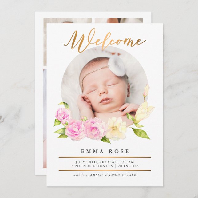 Anúncio de Nascimento de Foto Dourada Floral de Wa (Frente/Verso)