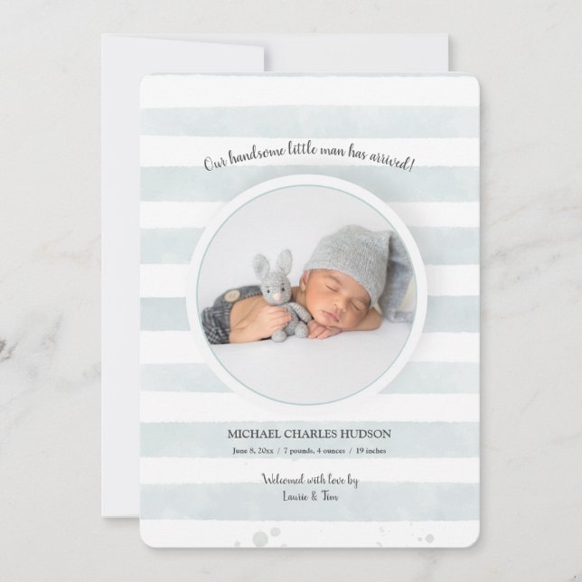 Anúncio de Nascimento de Foto em Stripes Teais (Frente)