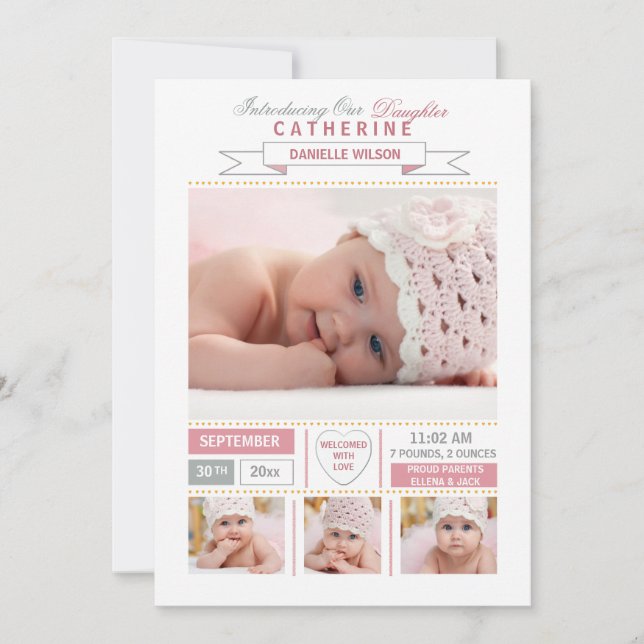 Anúncio de Nascimento de Foto Rosa de Chegada do p (Frente)