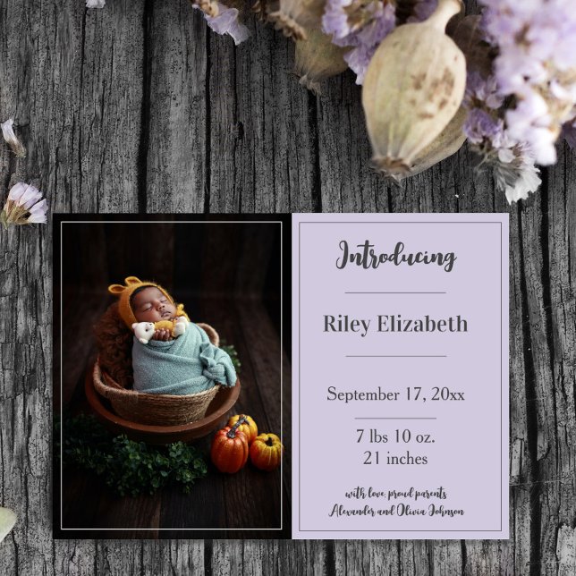 Anúncio de nascimento de Foto Simples da lavanda (Lavender Simple Photo Birth Announcement)