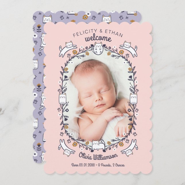 Anúncio de Nascimento de Gato de Gato Doce Floral (Frente/Verso)