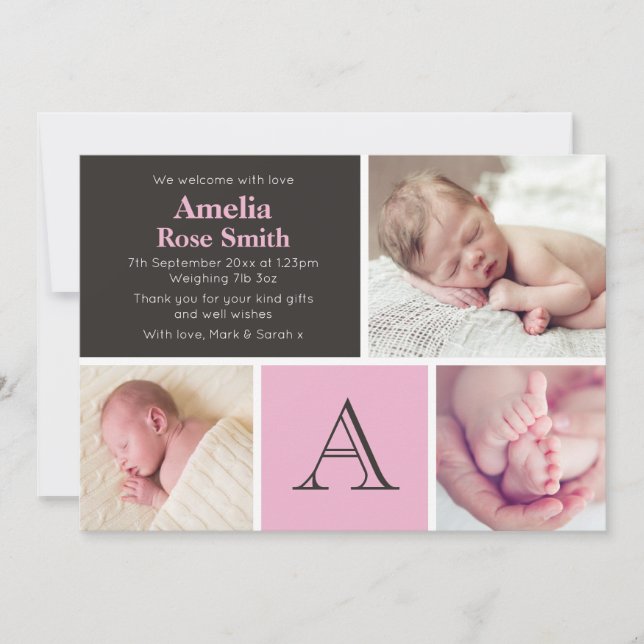 Anúncio de nascimento de menina/cartão de agradeci (Frente)