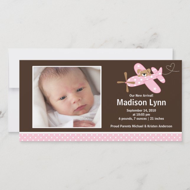 Anúncio de Nascimento de Menina de Avião Rosa (Frente)