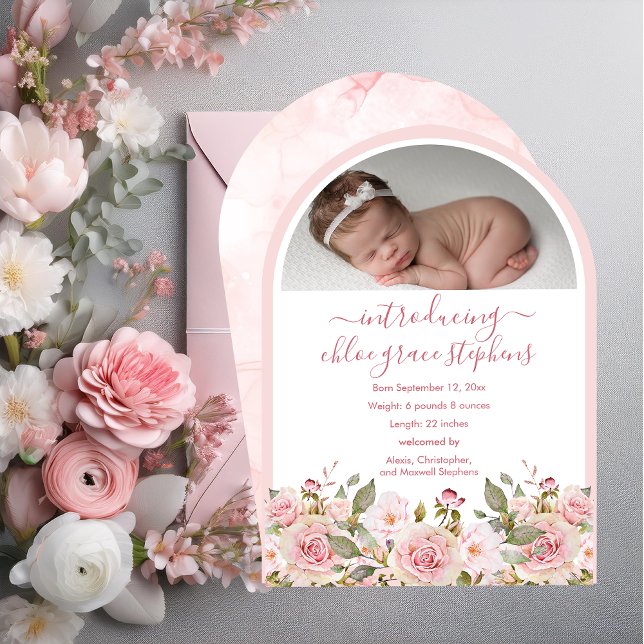 Anúncio de Nascimento de Rapariga Floral Rosa-Rosa (Elegant Unique Arched Photo Pink Rose Floral Girl Birth Announcement)