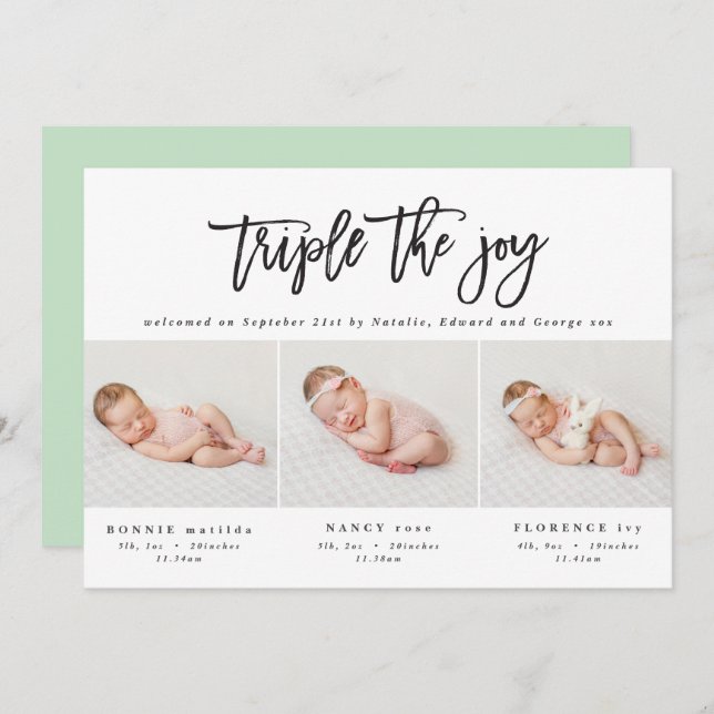 Anúncio de nascimento de tripla multifoto moderna (Frente/Verso)
