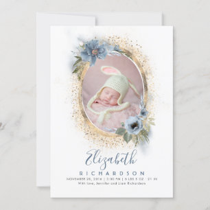 Anúncio de Nascimento do Bebê com Foto Azul e Dour