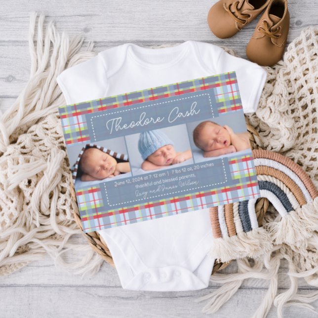 Anúncio de nascimento do bebê da Xadrez Madras (madras plaid, baby announcement template, birth announcement, boy birth announcement, traditional)