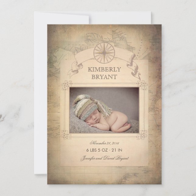Anúncio de Nascimento do Bebê Foto do Mapa Mundial (Frente)