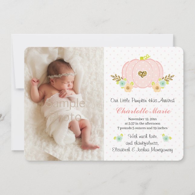 Anúncio de Nascimento do Bebê Pumpkin rosa e Doura (Frente)