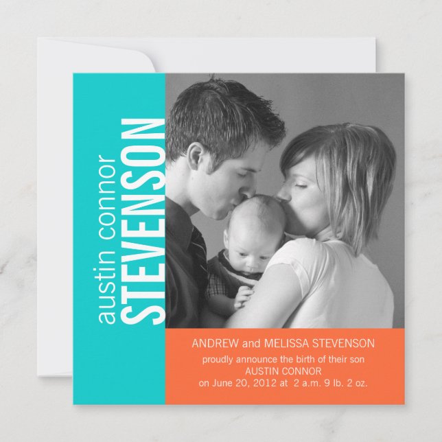 Anúncio de Nascimento do Menino Moderno Aqua Orang (Frente)