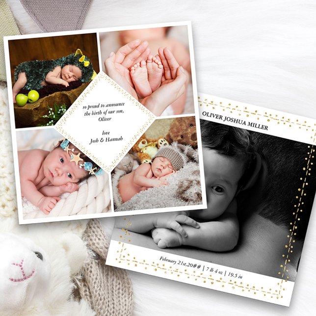 Anúncio de Nascimento do Ponto e Traço Dourado Ele (5 Photo Baby Birth Announcement. Buy printed or as a printable digital download)