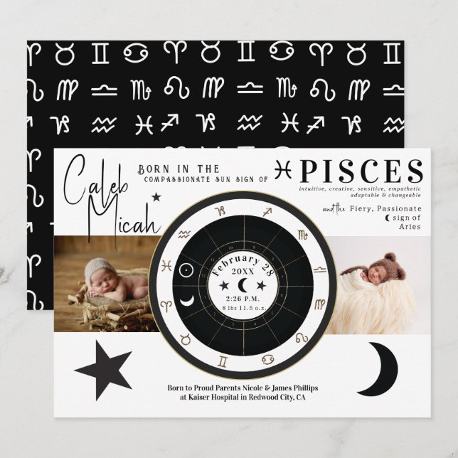 Anúncio de Nascimento do Signo de Peixes Sol & Lua (Frente/Verso)
