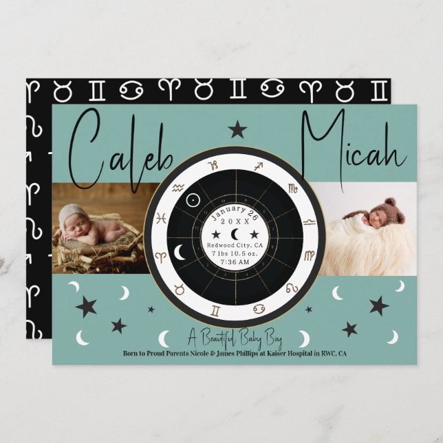 Anúncio de Nascimento do Sinal de Lua Sun com Astr (Frente/Verso)