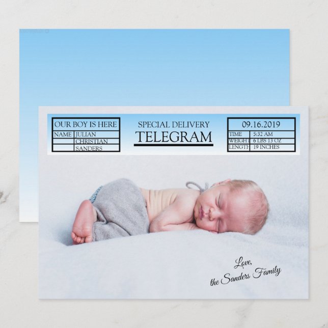 Anúncio De Nascimento Do Telegrama Especial Azul P (Frente/Verso)