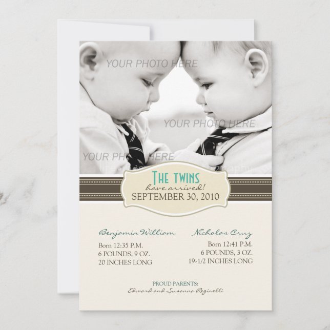 Anúncio de Nascimento dos Gêmeos Elegantes: Sepia  (Frente)