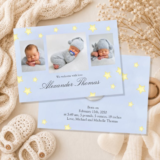 Anúncio de Nascimento em Foto com Rima de Berçário (Personalized baby boy birth announcement with three cherished newborn photos.)