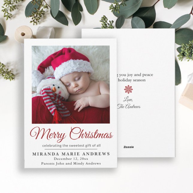 Anúncio de Nascimento Feliz Natal Foto  (Elegant "Merry Christmas" baby announcement photo card)