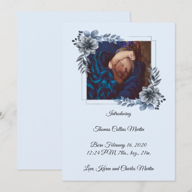 Anúncio de Nascimento Floral Simplesmente Elegante (Frente/Verso)