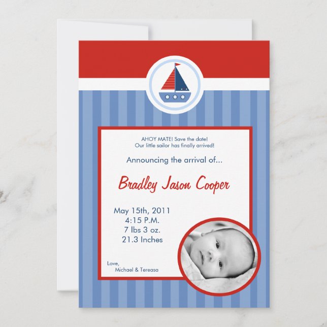 Anúncio de Nascimento FOTOGRAFICO 5x7 Barco Náutic (Frente)