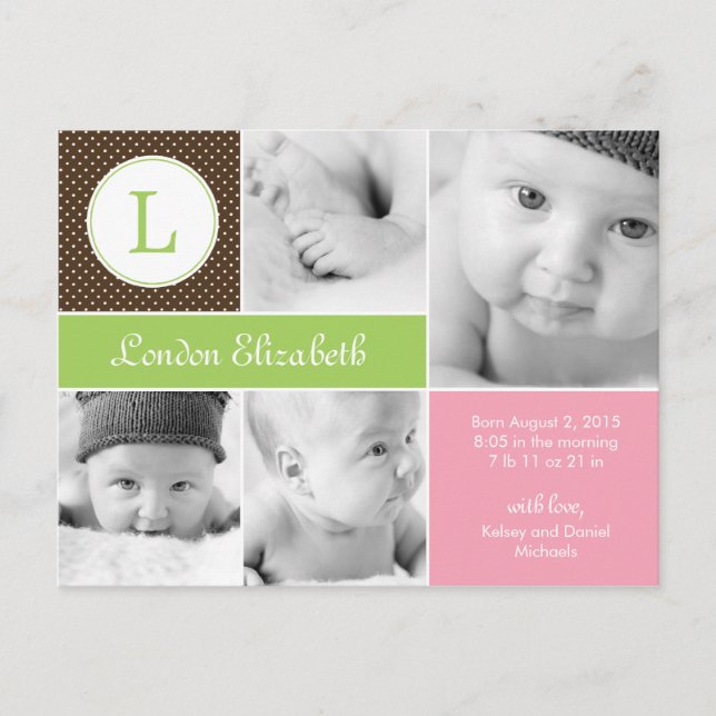 Anúncio de Nascimento Inicial Moderno - Rosa (Frente)