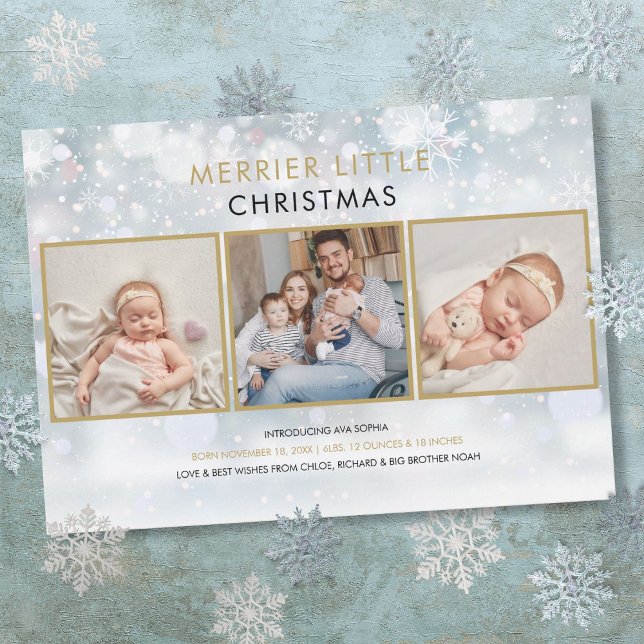 Anúncio de Nascimento no Natal com Foto de Neve Ma (Merrier Little Christmas Snow Photo Birth Holiday Card)