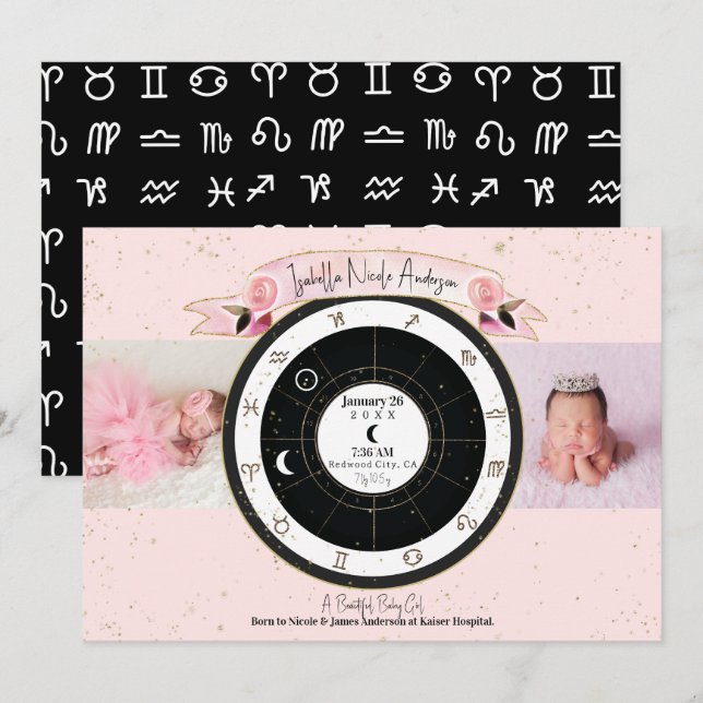 Anúncio de Nascimento Personalizado Pink Astrologi (Frente/Verso)