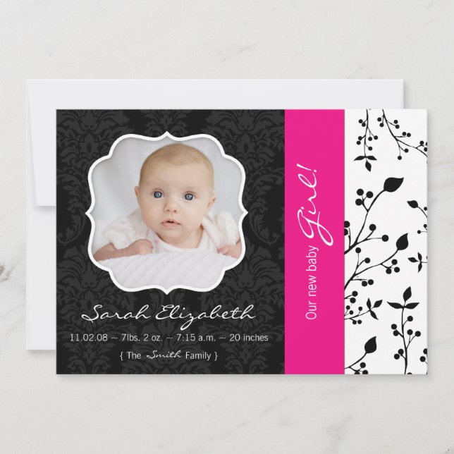 Anúncio de Nascimento Preto e Rosa Quente (Frente)