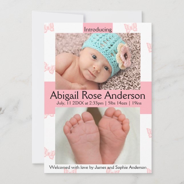 Anúncio de nascimento rosa de borboleta/Bolinhas (Frente)