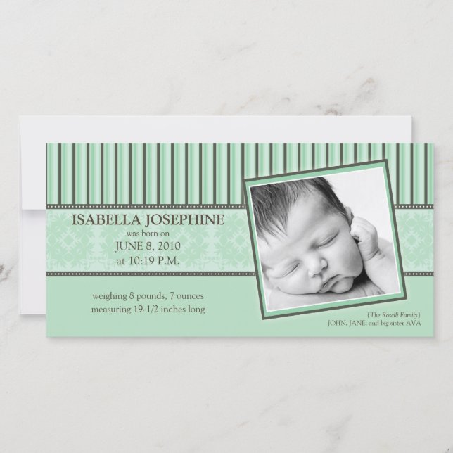 Anúncio de Nascimento Verde da Damask & Stripes (Frente)