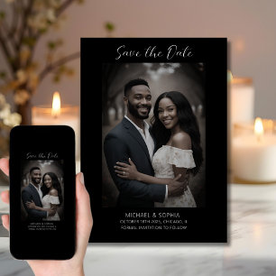 Anúncio de Noivado com Foto de Save the Date Preto