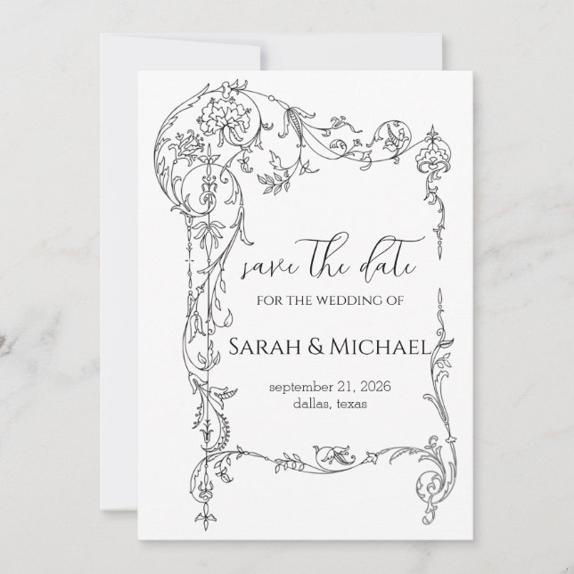 Anúncio de Noivado com Quadro Floral Salve a Data (Frente)