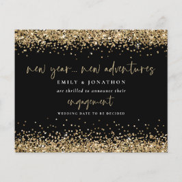 Anúncio de Noivado Preto com Glitter Dourado de Or