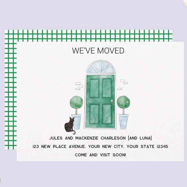 Anúncio de Nova Casa Porta Verde Gato Mudamos (Green door cat watercolor custom text new home we I have moved change of address moving announcement)