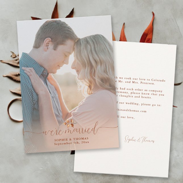 Anúncio de remoção de fotos do Terracotta Foliage (Were Married Terracotta Photo Elopement Announcement Modern Calligraphy Elegant Feminine Fall Autumn)