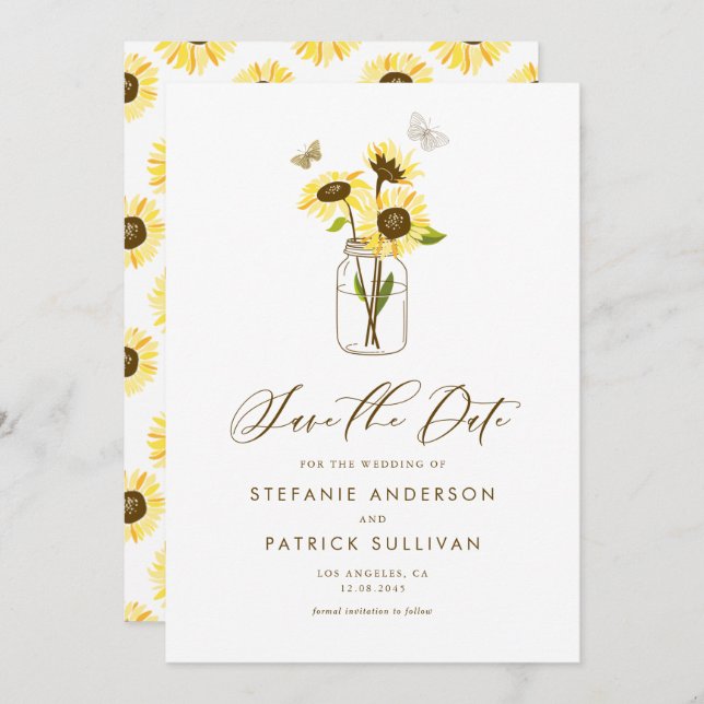 Anúncio de Salve a Data com Girassóis em Pote de P (Frente/Verso)