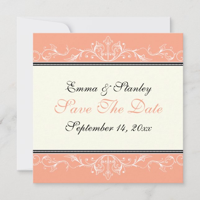 anúncio de Save the Date branco coral ornamental (Frente)