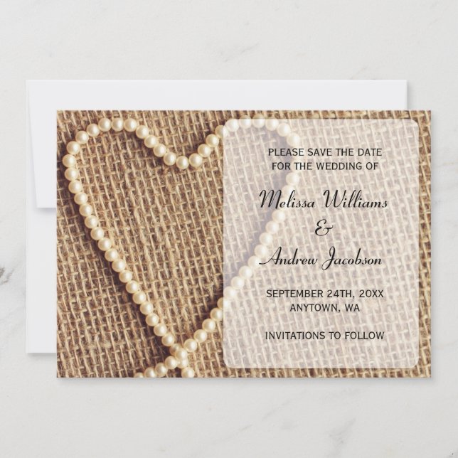 Anúncio de Save the Date Burlap Pearl Heart (Frente)