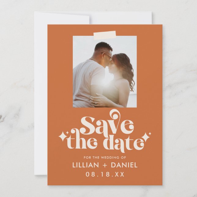 Anúncio de Save the Date com Foto Laranja Retrô (Frente)