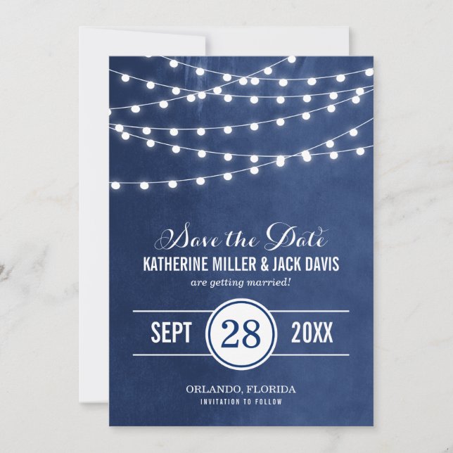 Anúncio de Save the Date com Luzes de Corda Azul M (Frente)