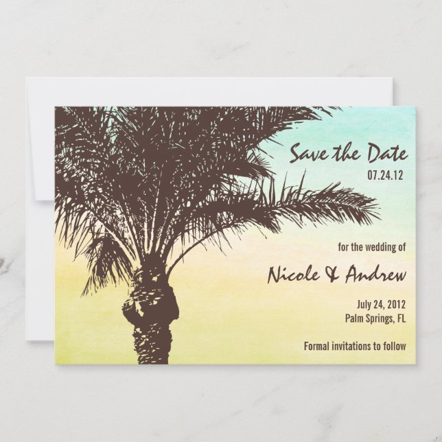 Anúncio de Save the Date da Palmeira ao Pôr do Sol (Frente)