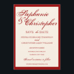 Anúncio de Save the Date de Casamento com Elegânci<br><div class="desc">Um design elegante em vermelho clássico e atemporal em um fundo branco champanhe</div>