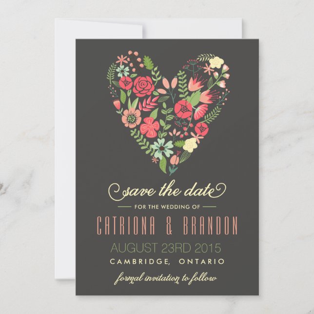 Anúncio de Save the Date de Coração Floral Românti (Frente)