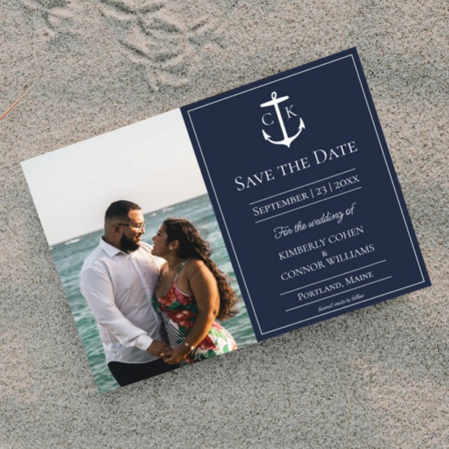 Anúncio de Save the Date de Foto Monograma Náutico (Navy Nautical Monogram Photo Save the Date)