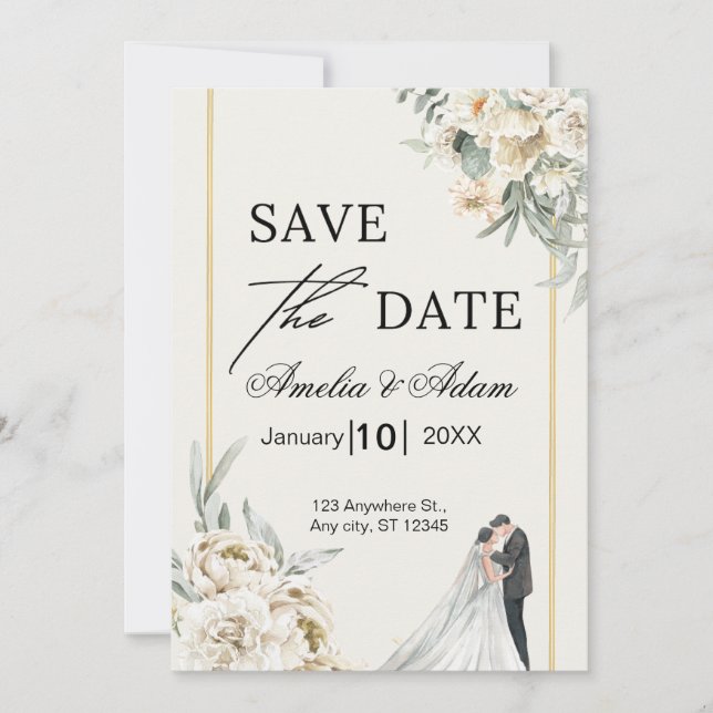 Anúncio de Save the Date de Letra Floral Elegante (Frente)